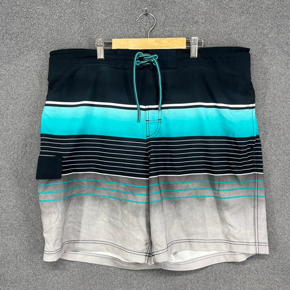 George Mens Striped Swim Trunks Board Shorts Blue Teal Gray XL 40-42